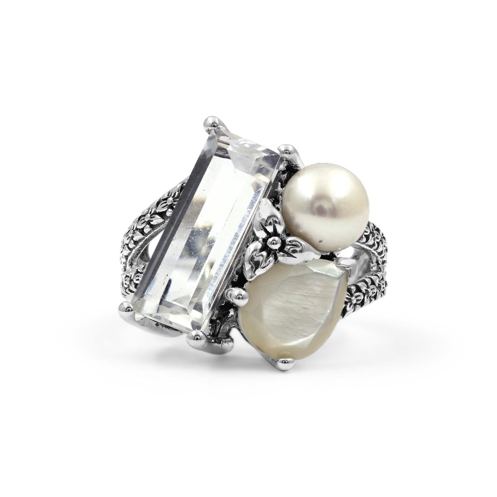
Step into the extraordinary world of Steven's jewelry, where each piece is a masterpiece, meticulously crafted to capture the essence of nature's beauty. The Rockrageous Natural Quartz Mother Of Pearl And Pearl Ring in Sterling Silver stands as a