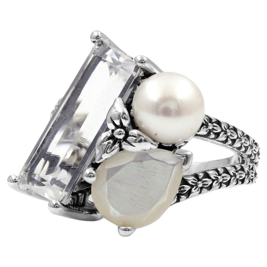 Rockrageous Natural Quartz Mother Of Pearl And Pearl Ring In Sterling Silver For Sale