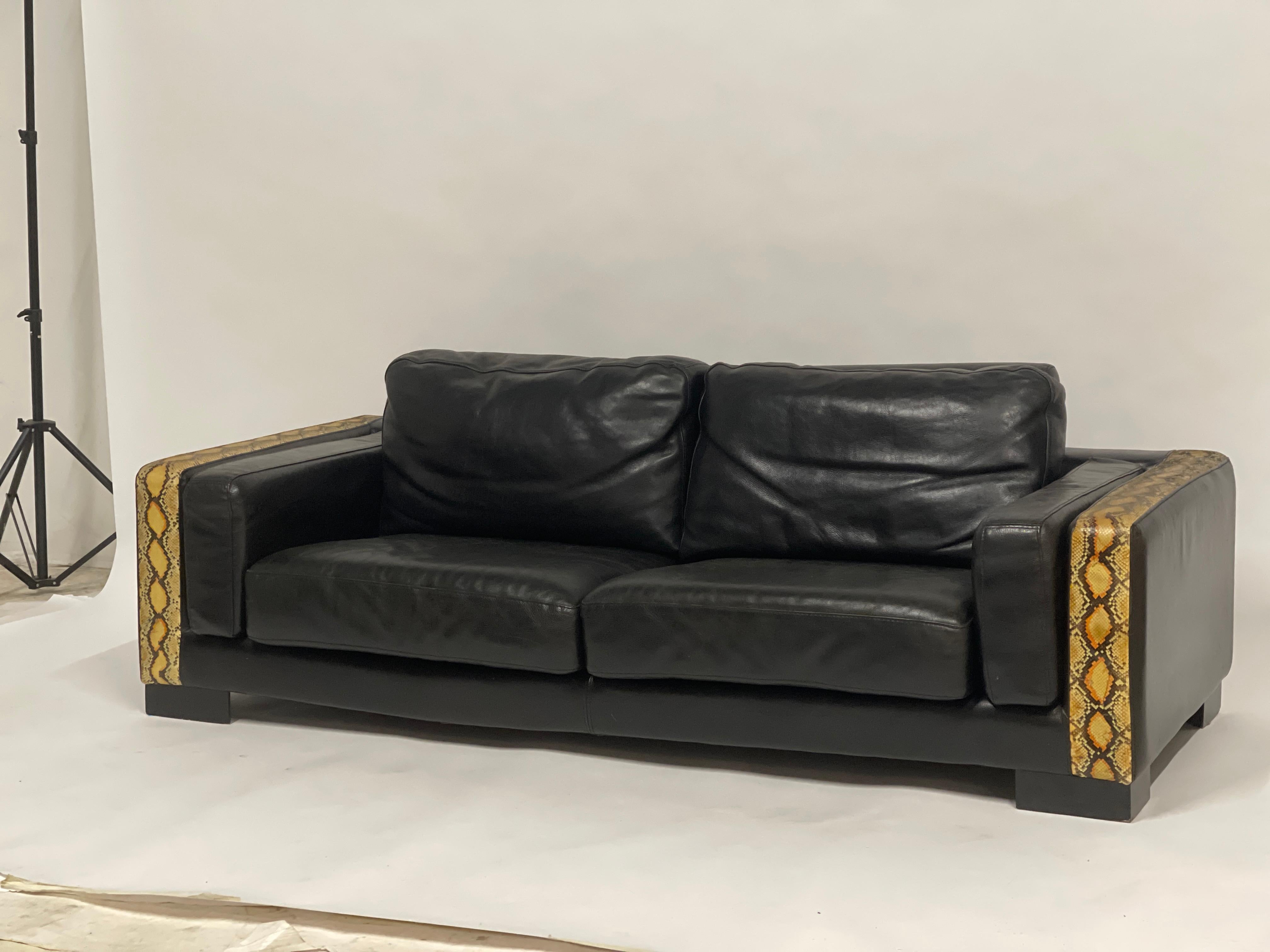 Rockstar Moto Glam Black Leather & Python / Snakeskin Sofa Post-Modern  3
