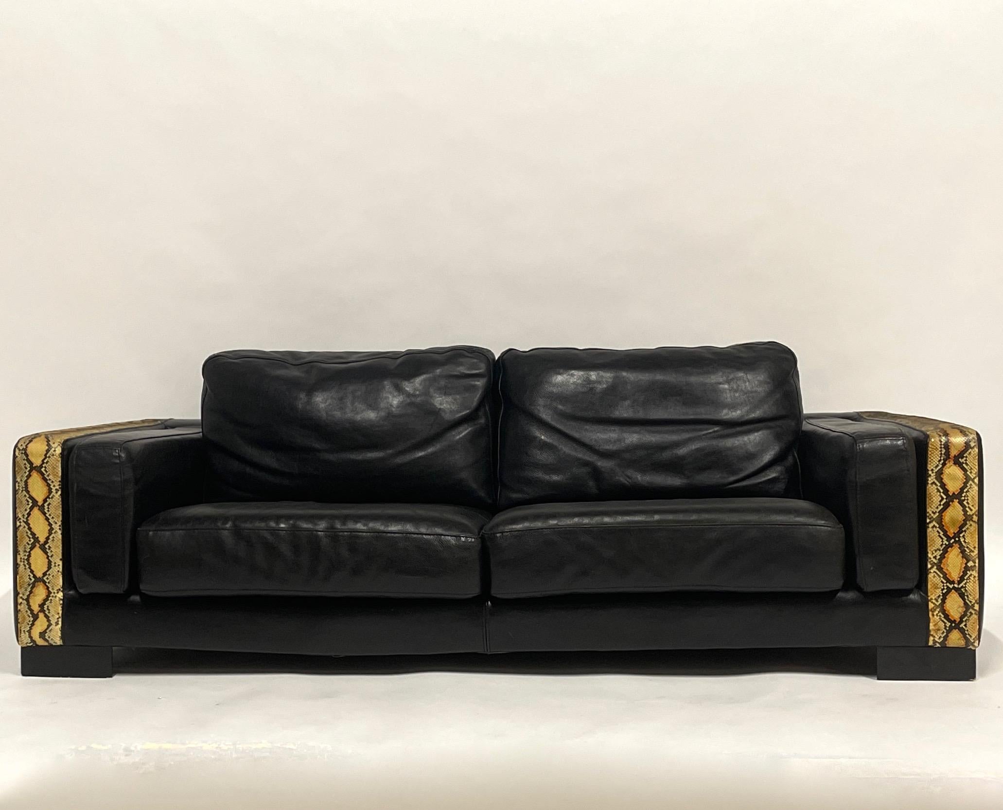 Rockstar Moto Glam Black Leather & Python / Snakeskin Sofa Post-Modern  4