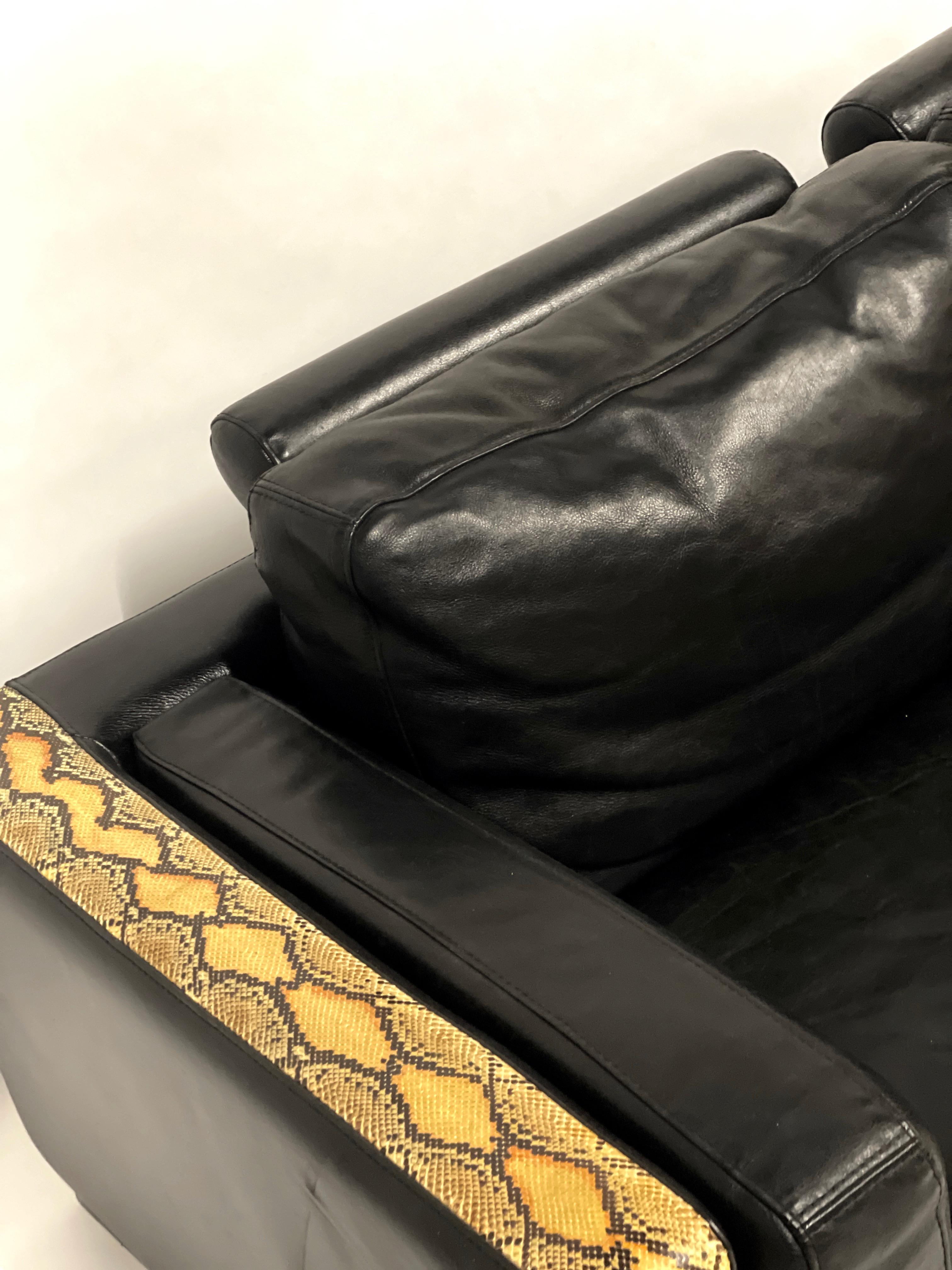 Italian Rockstar Moto Glam Black Leather & Python / Snakeskin Sofa Post-Modern 