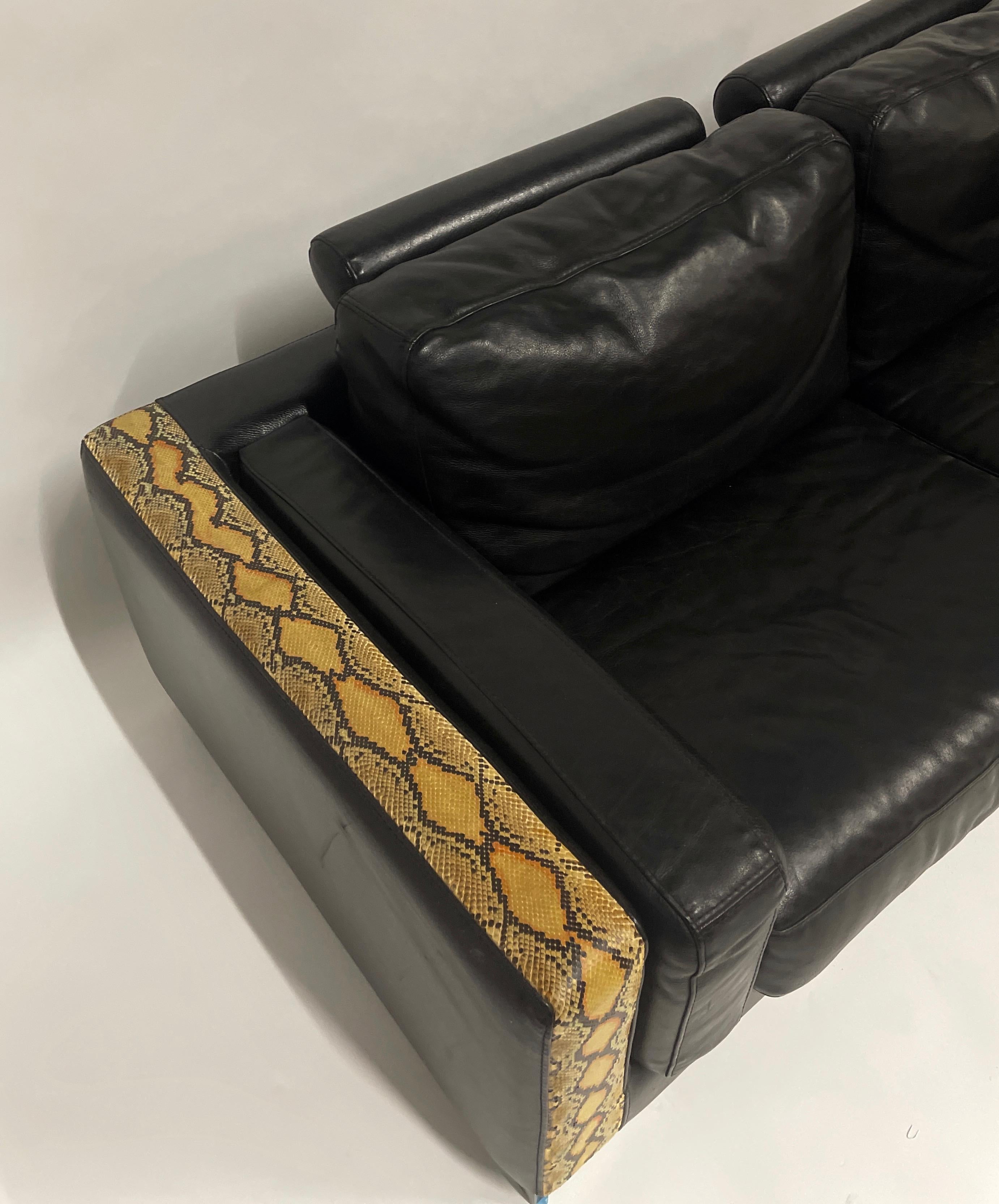 Rockstar Moto Glam Black Leather & Python / Snakeskin Sofa Post-Modern  In Good Condition In Hudson, NY