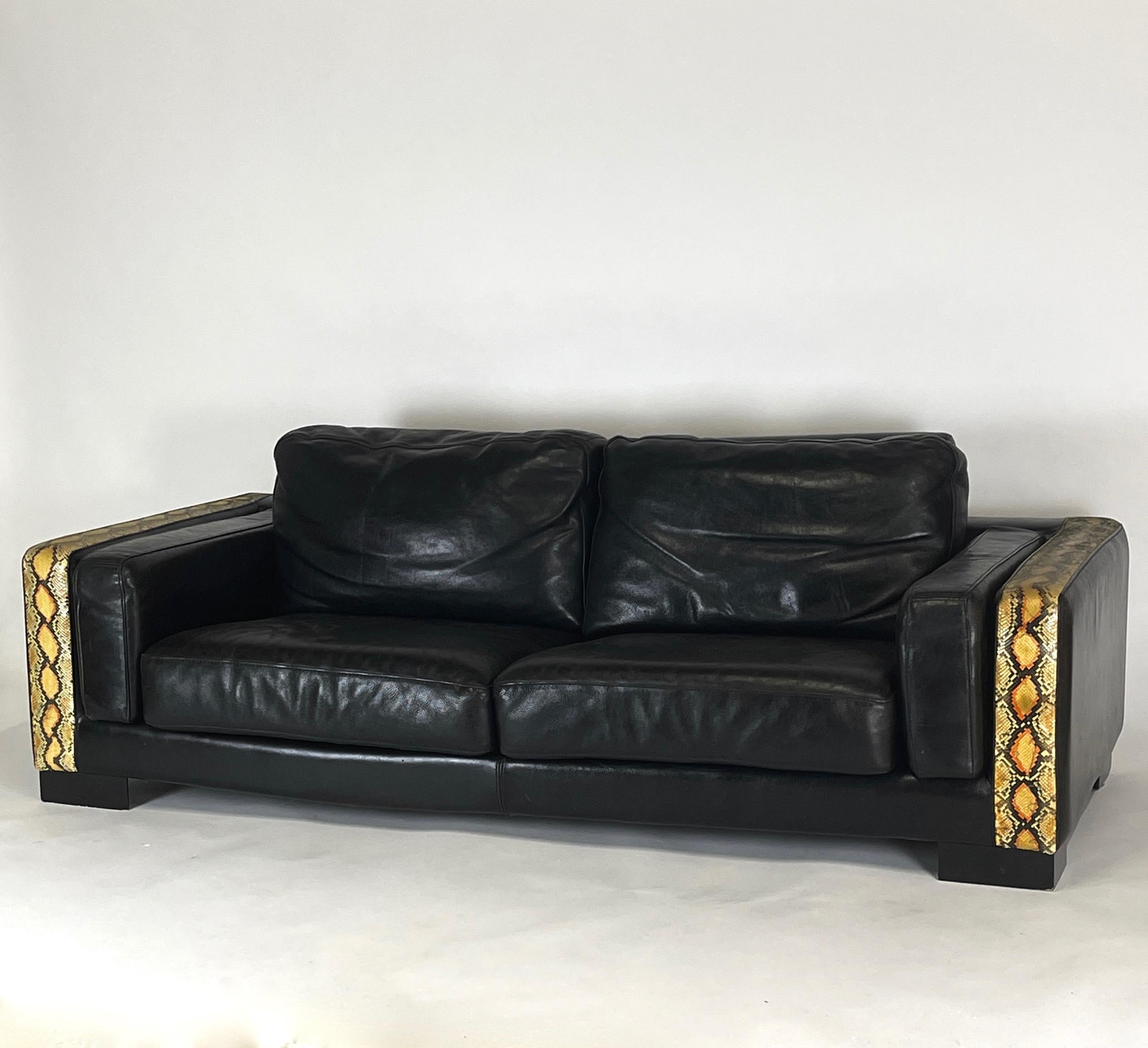 Rockstar Moto Glam Black Leather & Python / Snakeskin Sofa Post-Modern  1