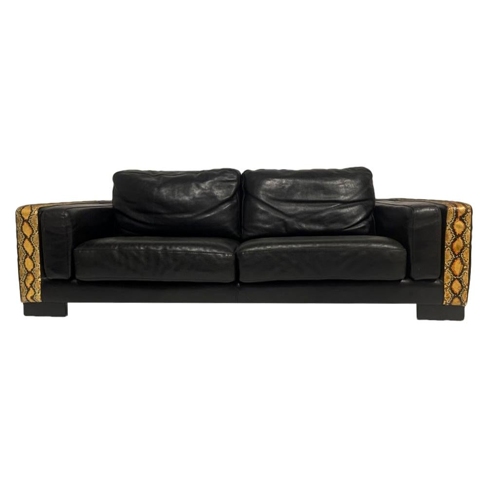 Rockstar Moto Glam Black Leather & Python / Snakeskin Sofa Post-Modern 