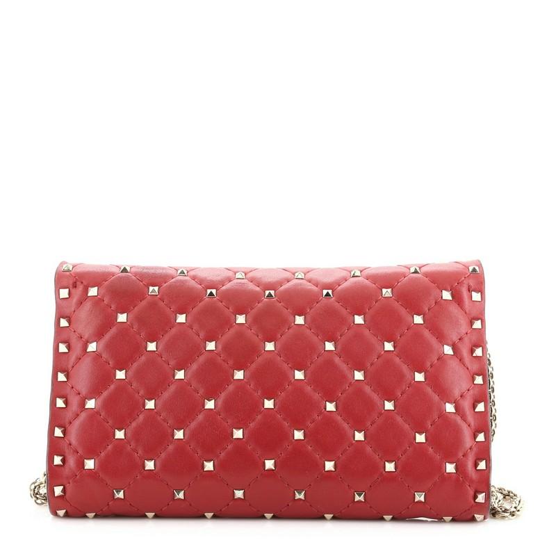 Red Rockstud Spike Wallet on Chain Quilted Leather Small