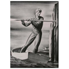 Lithographie originale en pierre de Rockwell Kent, 1929, « The Boatman ».
