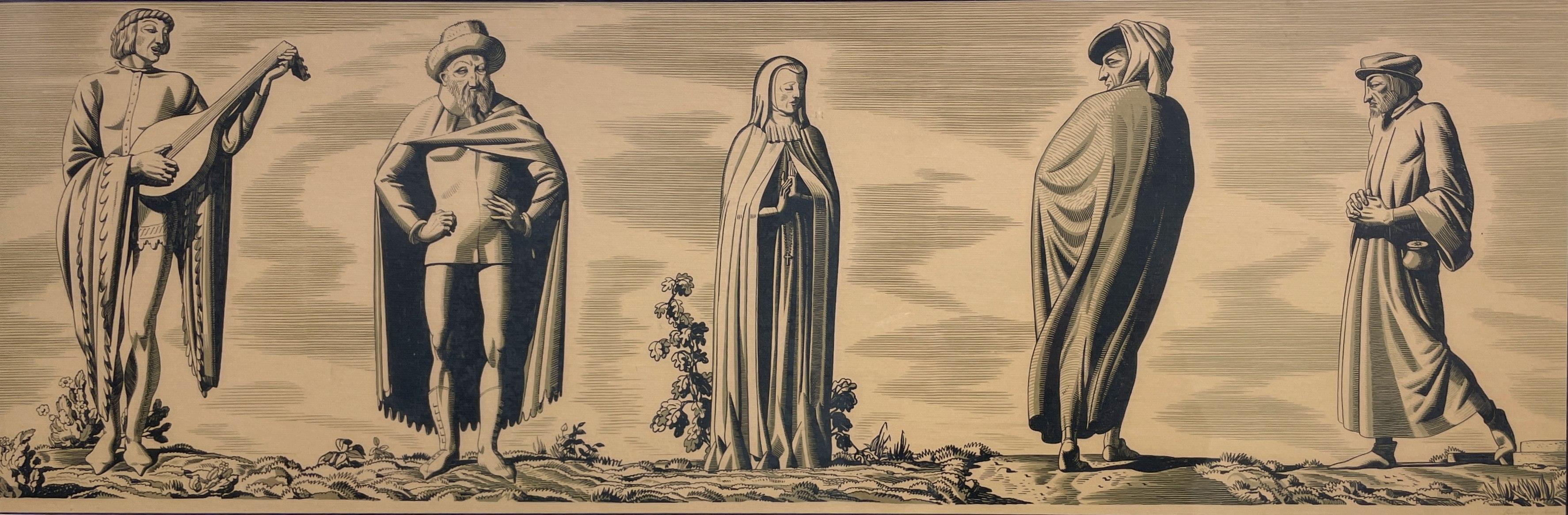 Preciosa litografía sobre papel de Rockwell Kent de los años 30, titulada "Cuentos de Canterbury".  Bien enmarcado en un marco dorado.  Tamaño de la imagen:  11 x 34 1/4".  Tamaño enmarcado:  19 1/4" x 41 1/2".

Nacido en Tarrytown, Nueva York,