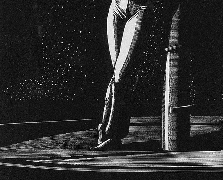 A lookout starkly rendered in the art deco style straddles the mast of a ship as he surveys the landscape. Rockwell Kent's wood engraving issued in 1930 in an edition of 120.  it is pencil signed and cataloged as #51 in the Burne Jones