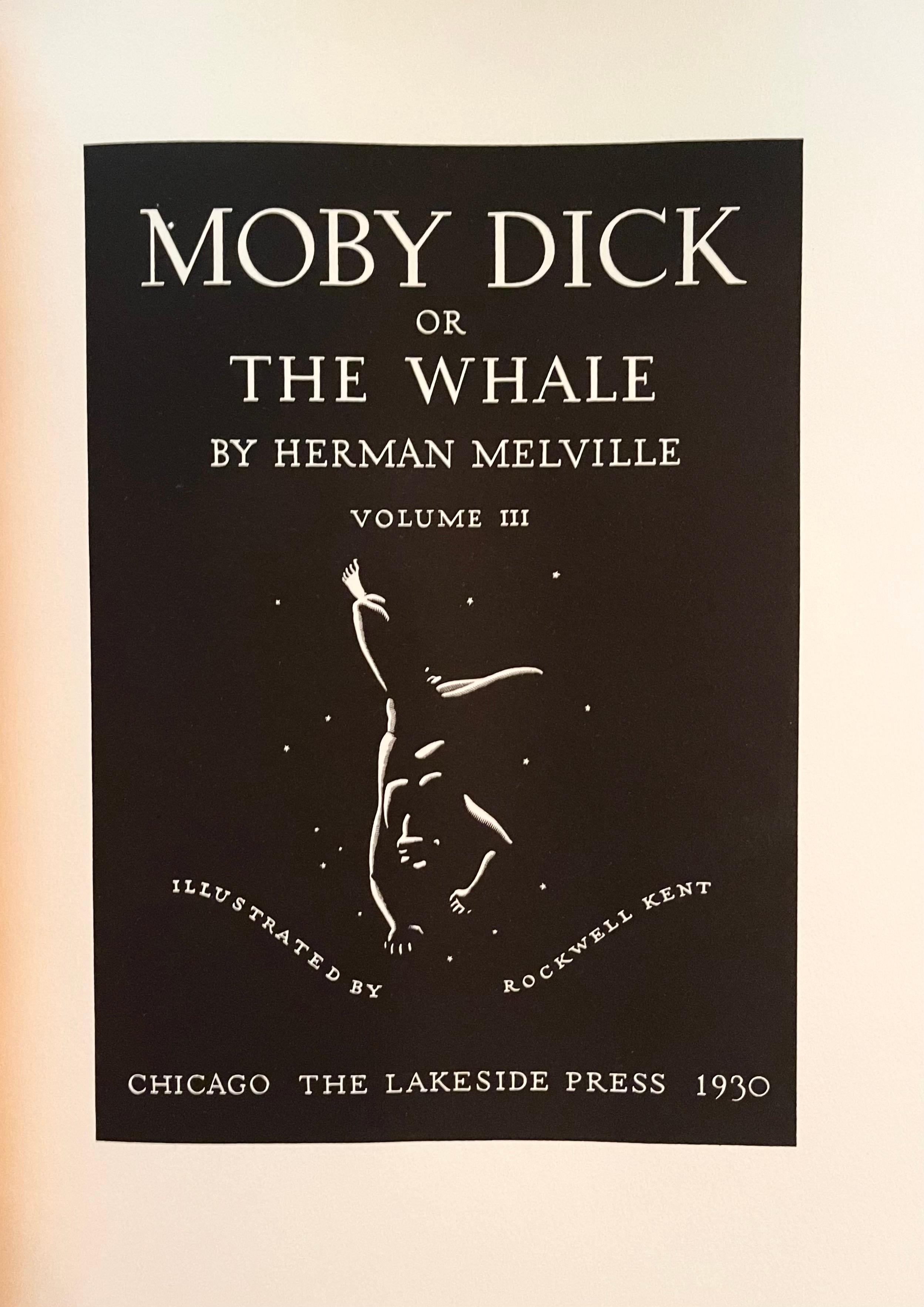 Kent, Rockwell, illustrator. MOBY DICK by Herman Melville. .Lakeside Press, 1930. The Artist and the Book, 140. Edition of 1000 copies. First edition thus. Three volumes, quarto, 279, 284, and 282pp. 280 illustrations by Kent after his ink and wash