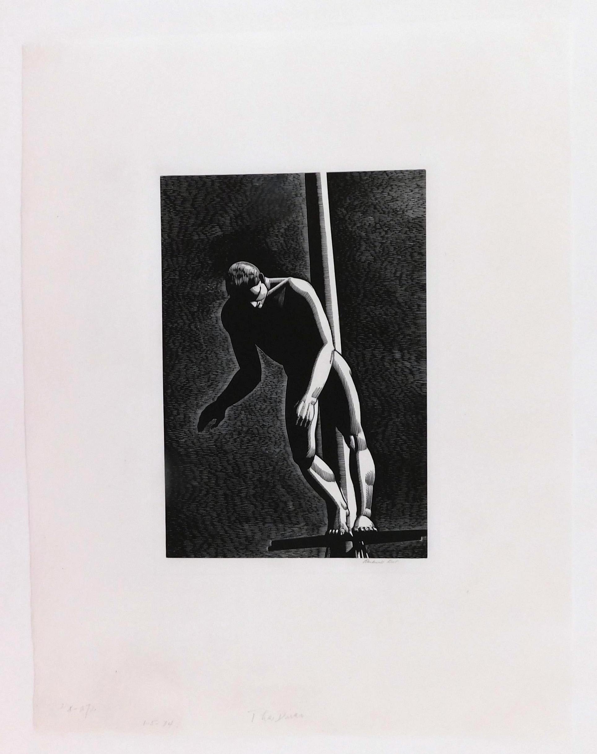 Rockwell Kent (1882-1971) wood engraving in excellent condition titled: Diver.
Created 1931. Edition size: 150. Image measures: 7 7/8