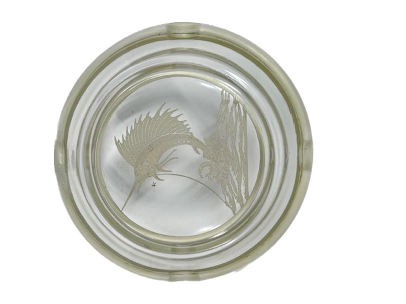 Mid-Century Modern Rockwell Silver Co. Silver Overlay on Clear Glass Ashtray with Leaping Sailfish For Sale
