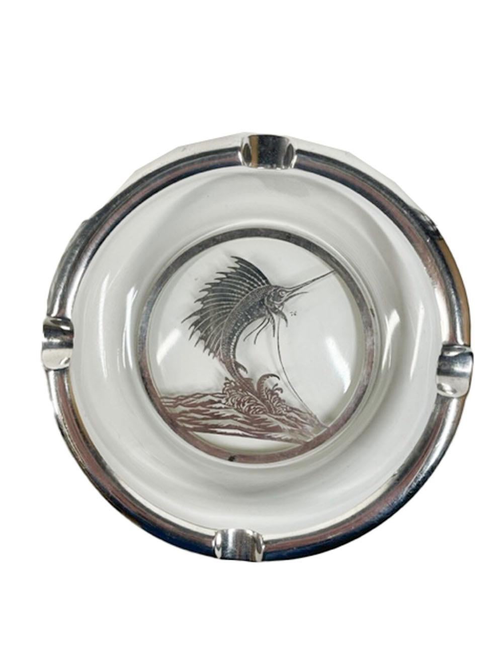Rockwell Silver Co. Silver Overlay on Clear Glass Ashtray with Leaping Sailfish In Good Condition For Sale In Nantucket, MA