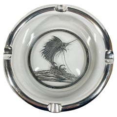 Rockwell Silver Co. Silver Overlay on Clear Glass Ashtray with Leaping Sailfish