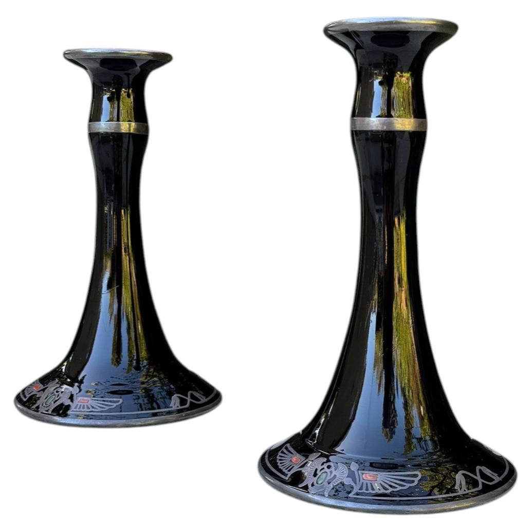 Rockwell Sterling Silver & Black Glass #227B Candlesticks, United States, c.1920