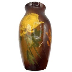 Rockwood Style Earthernware Hand Painted Pottery Vase w/ Chrysanthemums, C 1900