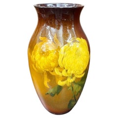 Rockwood Style Earthernware Hand Painted Pottery Vase w/ Chrysanthemums, C 1900