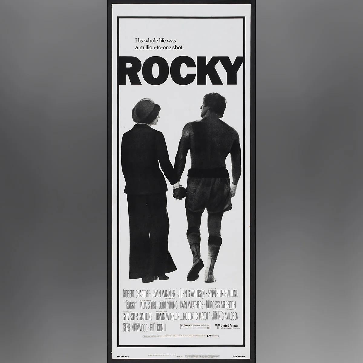 Rocky (1976)
US INSERT (14 X 36 Zoll)

Stallones Oscar-gekröntes Original.

Rocky Balboa, ein unbedeutender Boxer, erhält die äußerst seltene Chance, gegen den Schwergewichts-Champion Apollo Creed anzutreten, in einem Kampf, in dem er für seine