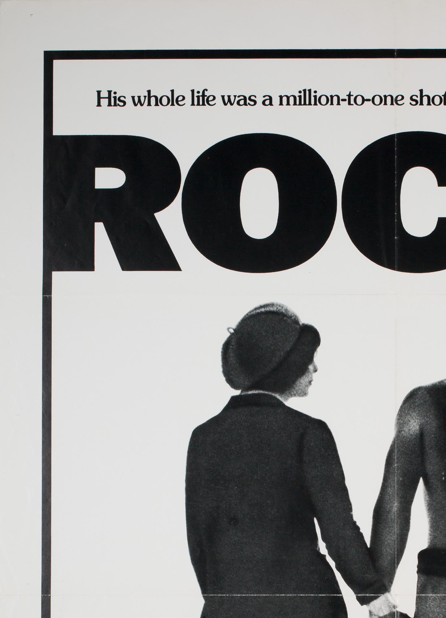 The original country-of-origin US 1 Sheet film poster from 1976 for Stallone Classic Rocky.

This vintage movie poster's size is 27 x 41 inches. Originally folded (as issued) but it has been stored flat a long time and folds softened. Will be sent