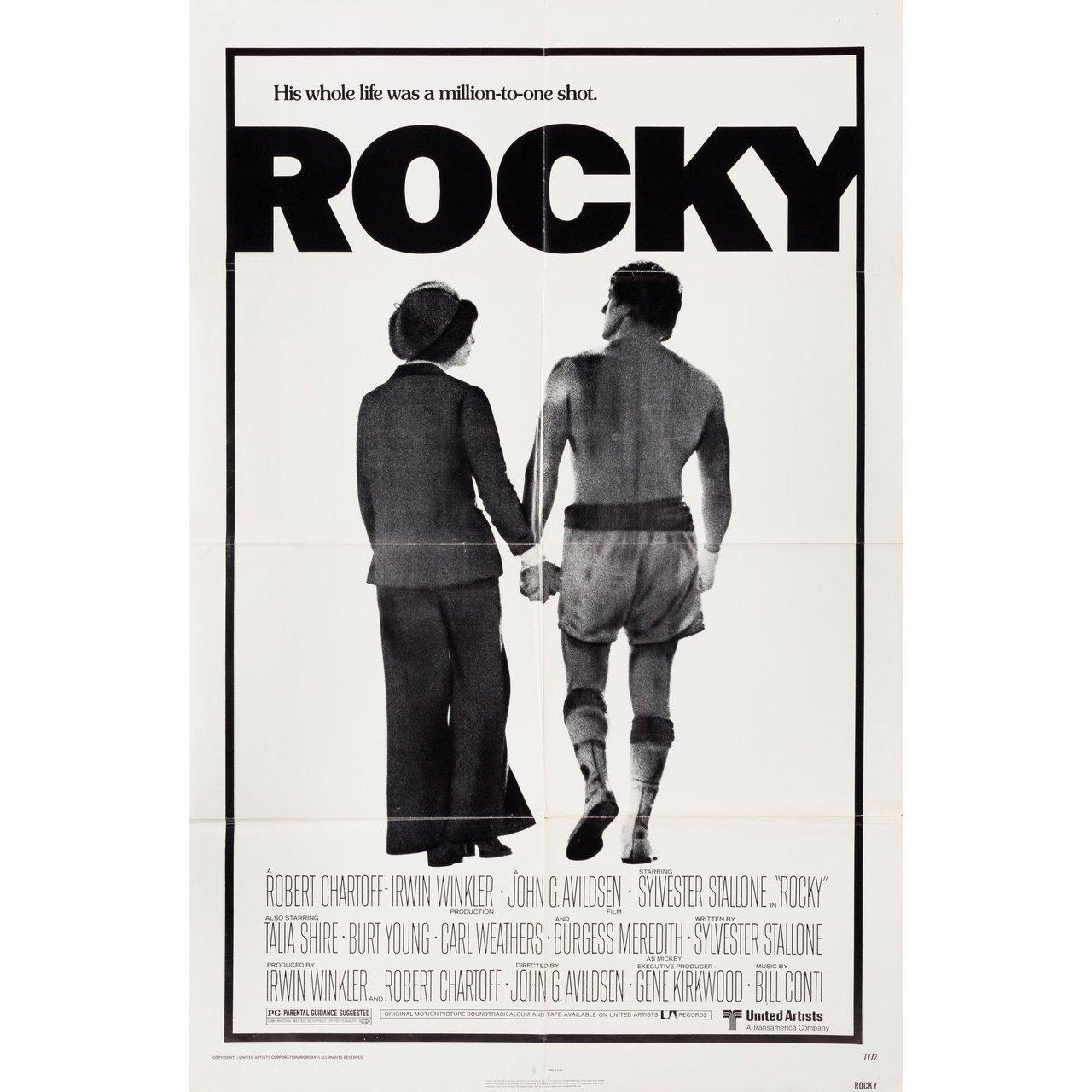 Original 1976 U.S. one sheet poster for the film Rocky directed by John G. Avildsen with Sylvester Stallone / Talia Shire / Burt Young / Carl Weathers. Very Good condition, folded with pinholes. Many original posters were issued folded or were