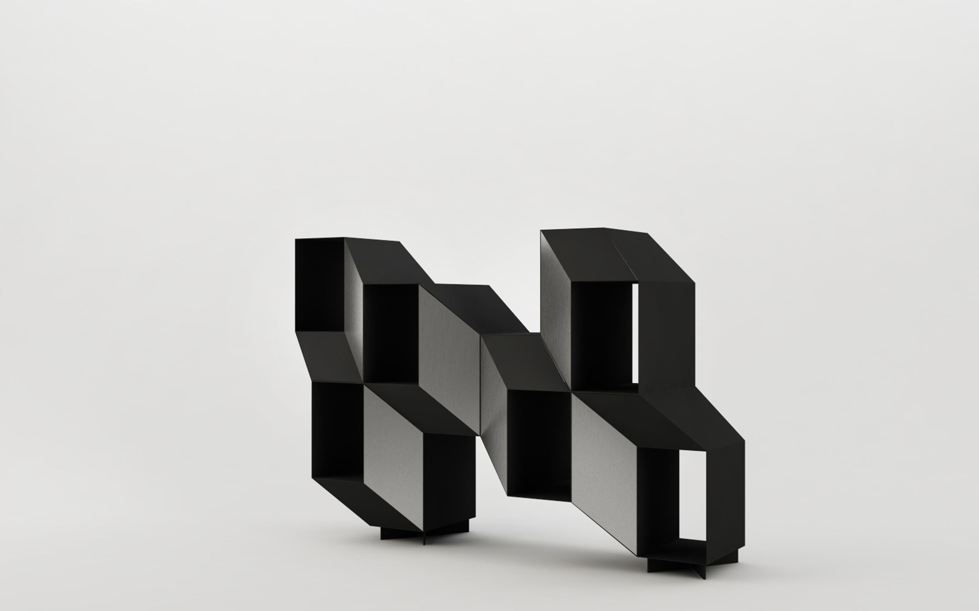Monument is a collection of shelving units that combine wood and marble. Available in different heights: 117cm and 197cm. Available in different lengths: 130cm and 195cm. Available in different shelves material: black stained ash wood shelves,
