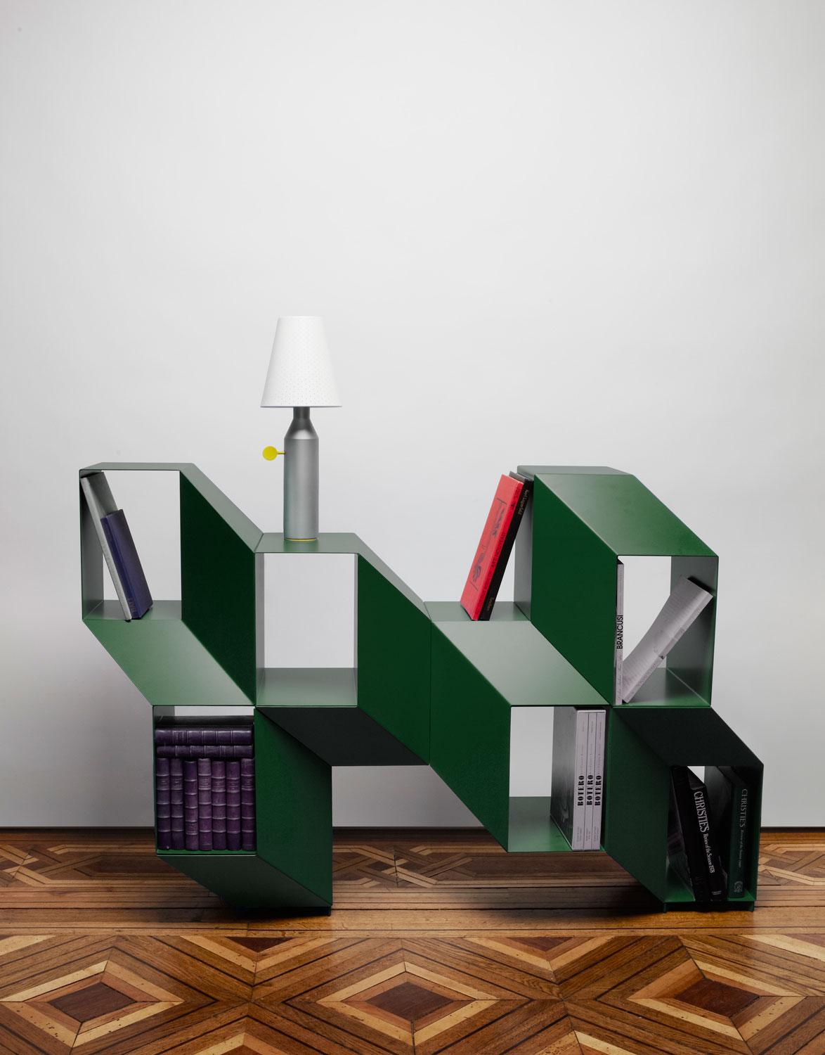 Rocky is a sculptural piece. It can be used as a console or a credenza but will also accommodate books and objects to become the most graphic display or bookshelf.

Designer Charles Kalpakian plays with our perception of space and volume with an
