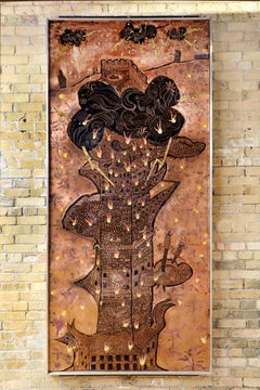 Checkmate, inscribed copper sheet, acrylic paint, asphaltum, ink, metal frame