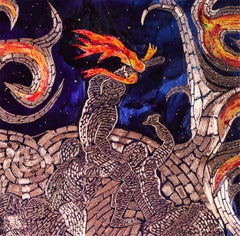 Medusa, etched copper, paint, cut diamonds, ink, aluminum frame