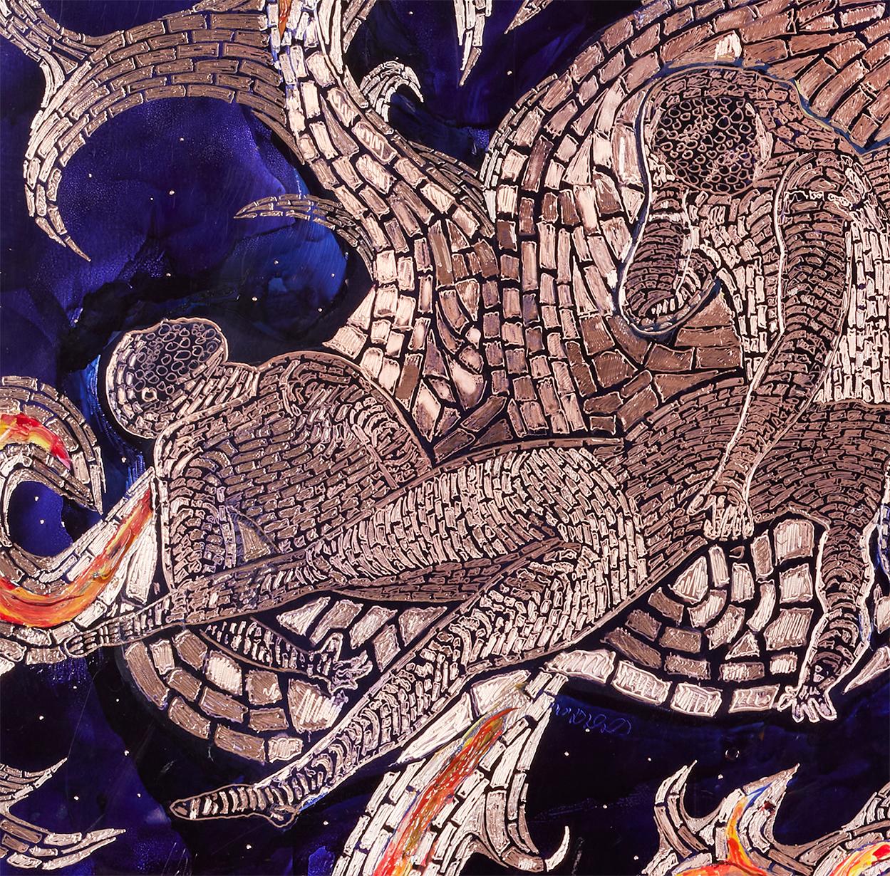 Medusa, outsider artist etches copper, paint, cut diamonds, ink, aluminum frame - Outsider Art Mixed Media Art by Rocky Dobey