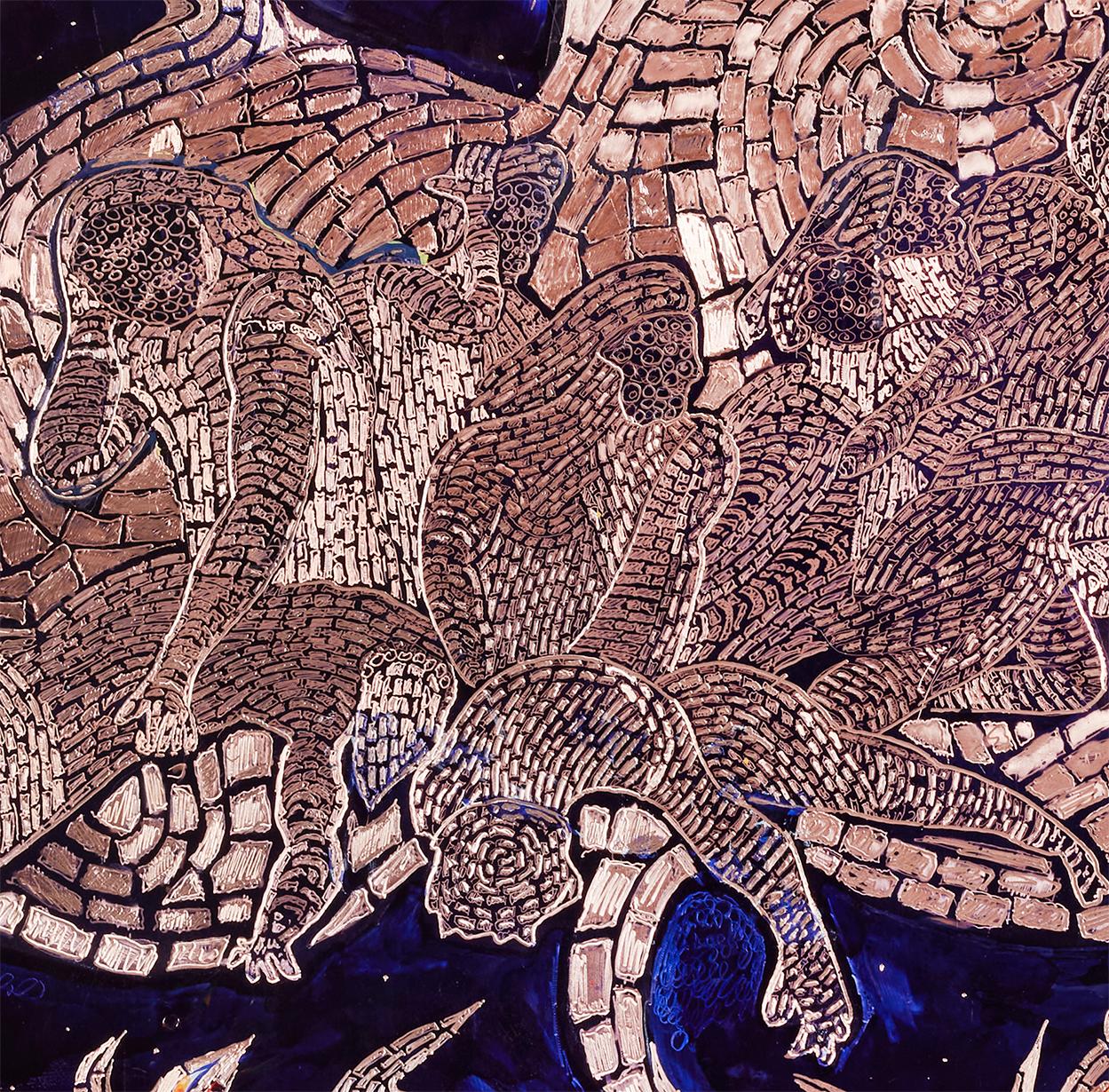 Medusa, outsider artist etches copper, paint, cut diamonds, ink, aluminum frame For Sale 1