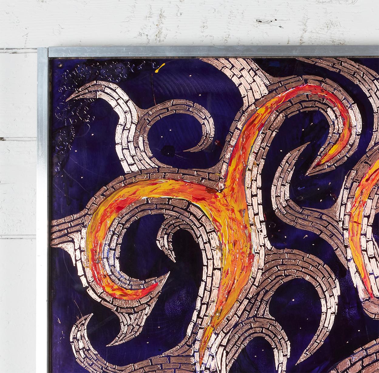 Medusa, outsider artist etches copper, paint, cut diamonds, ink, aluminum frame For Sale 2
