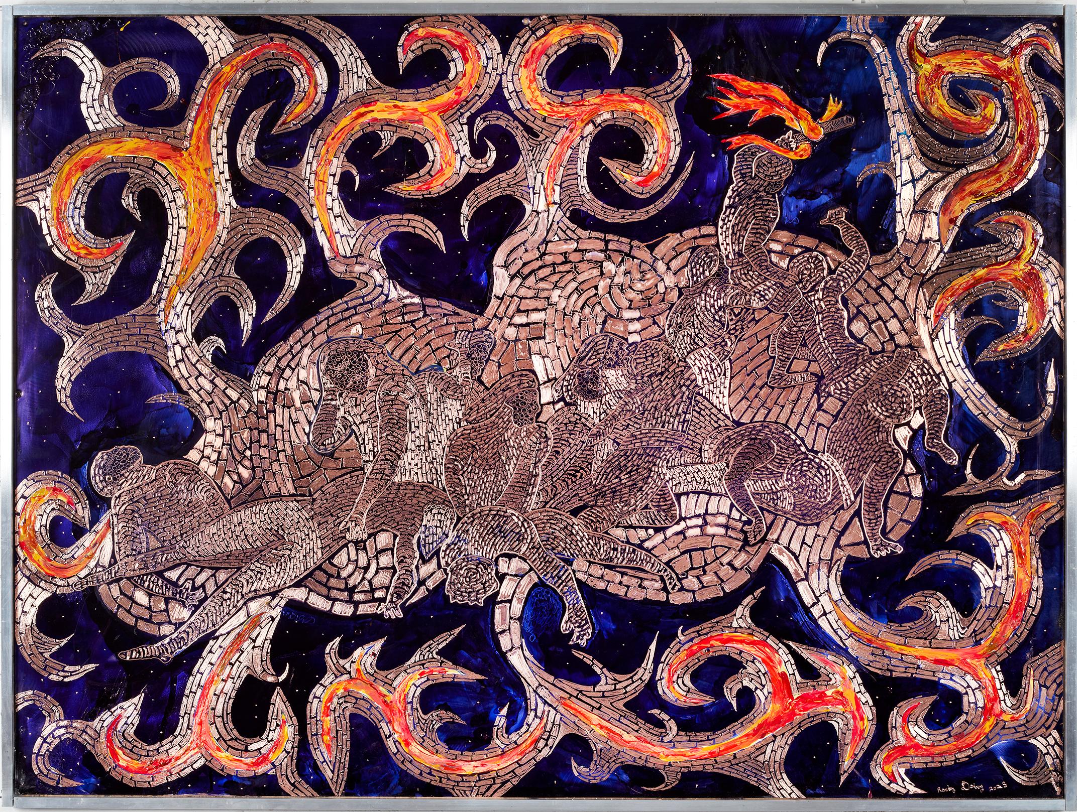 Medusa, outsider artist etches copper, paint, cut diamonds, ink, aluminum frame - Mixed Media Art by Rocky Dobey