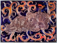 Medusa, outsider artist etches copper, paint, cut diamonds, ink, aluminum frame