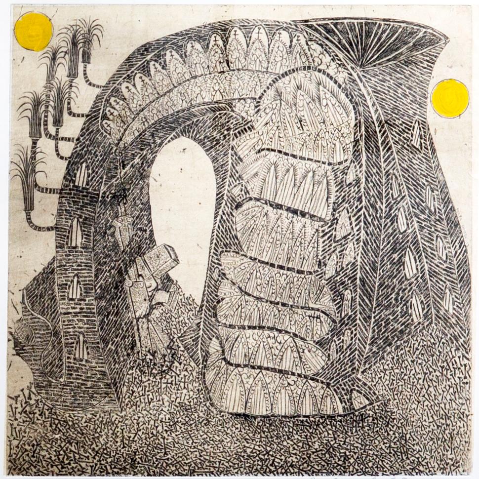The Gun, Stichtiefdruck von Kupferplatte, Chinacollé mit Japanpapier – Print von Rocky Dobey