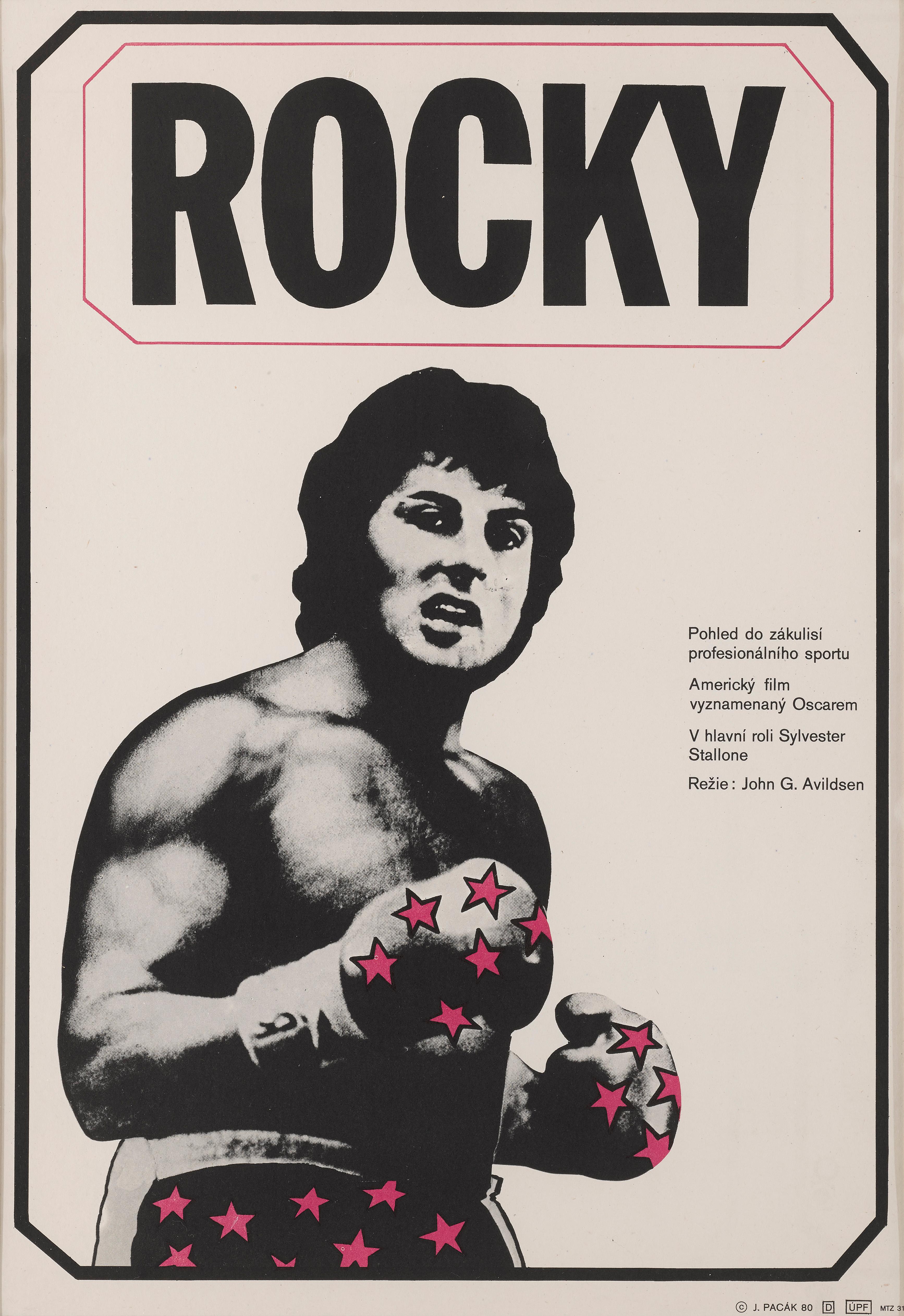 Original tschechoslowakisches Filmplakat für den Film Rocky von 1976.
Dieses Plakat wurde von Jan Antonin Pacak (1941-2007) entworfen.  für die ersten Filme 
Tschechische Veröffentlichung 1980.
Dieses Werk ist mit Konservierungspapier hinterlegt und