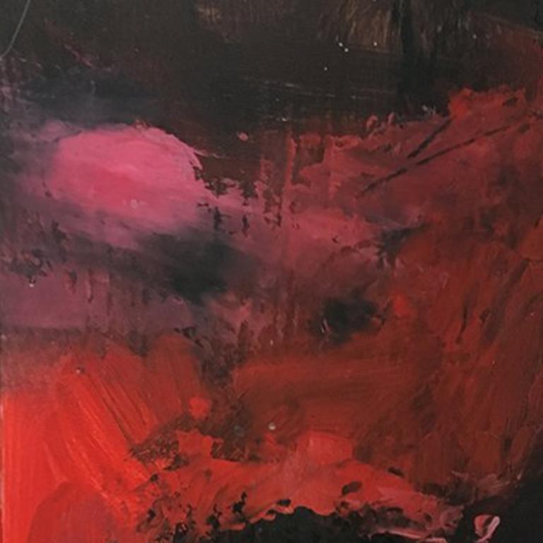 This small painting is all reds and dark purple, blue tones. The red planet of Saturn can be seen in the upper left corner white a black silhouetted figure on a horse travel across a dark, black and red landscape.

To view more images of this