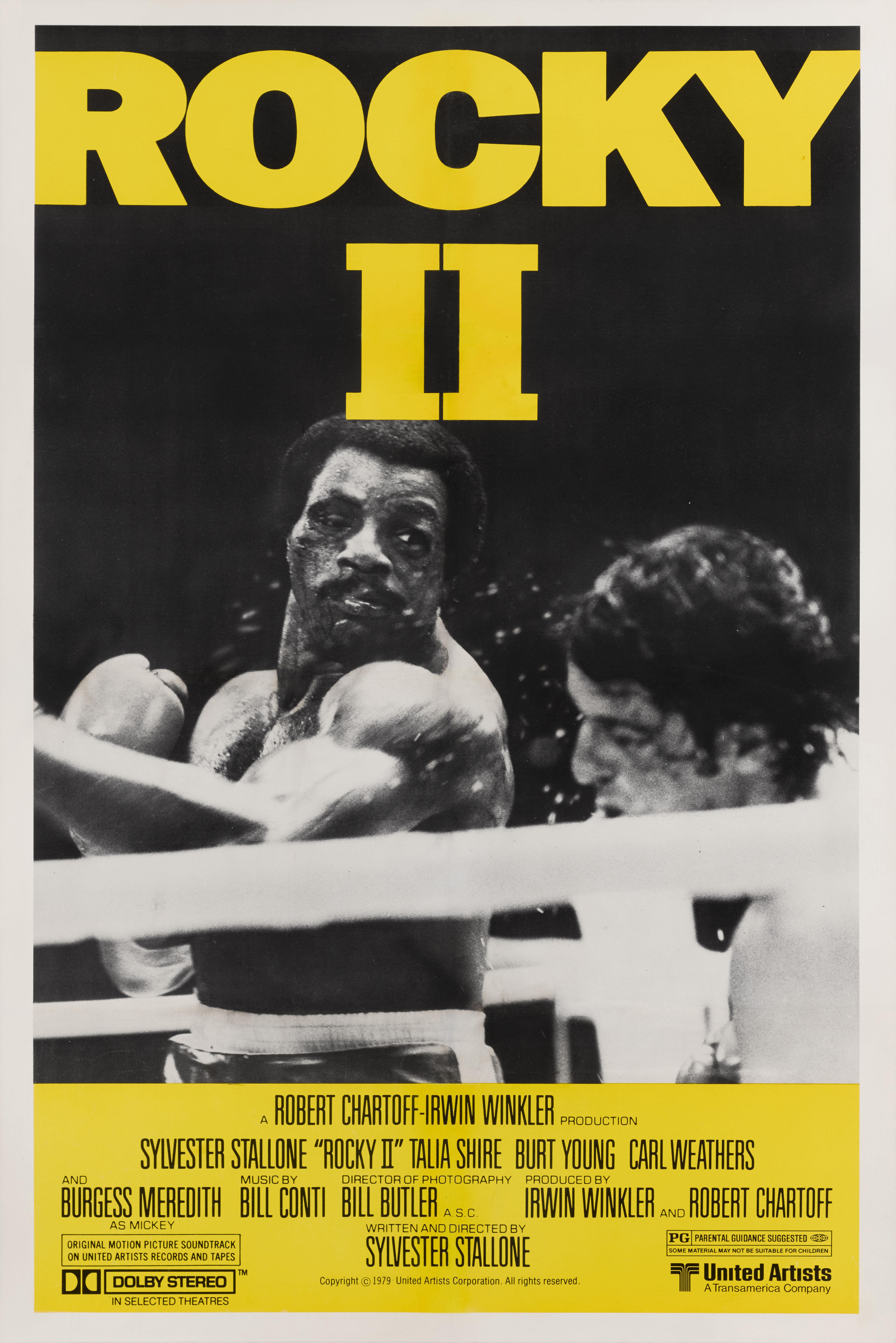 Original US film poster for the sequel of Rocky. This is the style B poster.
The film starred Sylvestor Stallone, Talia Shire, Burgess Meredith, Carl Weathers, and  Mr.T.
This poster is conservation linen backed and it would be shipped rolled in a
