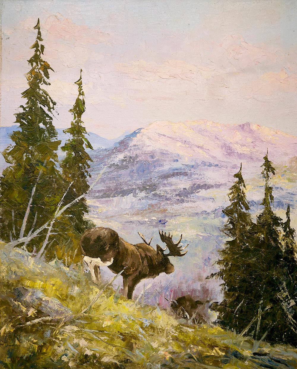 Rocvky Mountains landscape with Moose 

50 x 40 cm (dimensions referring to the painting only).
Oil painting on canvas.

Painting depicting a moose in the Rocky Mountains.

The painter captures a natural glimpse, among the mountain fir trees,
