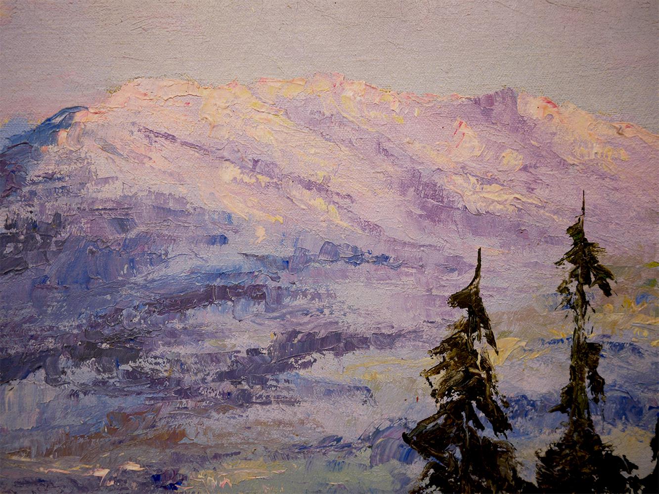 Huilé Peinture à l'huile sur toile des montagnes rocheuses avec mauresque, 1950 en vente