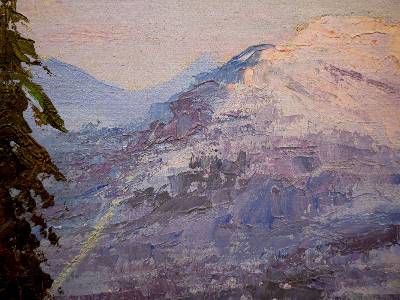 Milieu du XXe siècle Peinture à l'huile sur toile des montagnes rocheuses avec mauresque, 1950 en vente