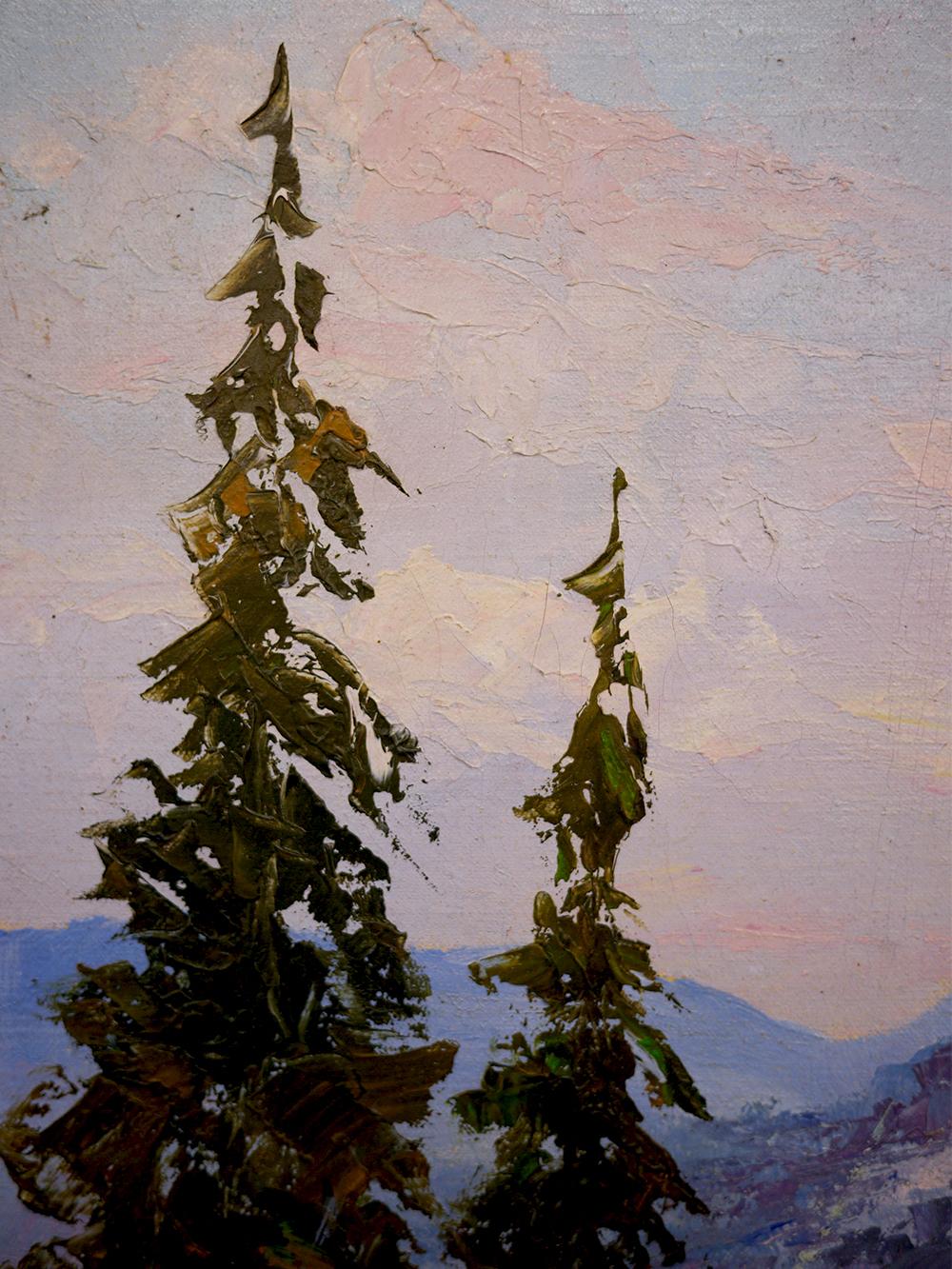 Oiled Rocky Mountains Painting with Moose Oil on Canvas, 1950 For Sale