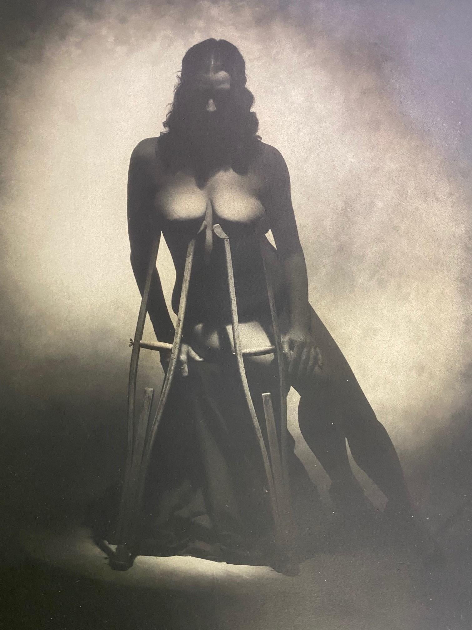 American Rocky Schenck Signed Toned Silver Gelatin Photograph Print Nude with Crutches For Sale