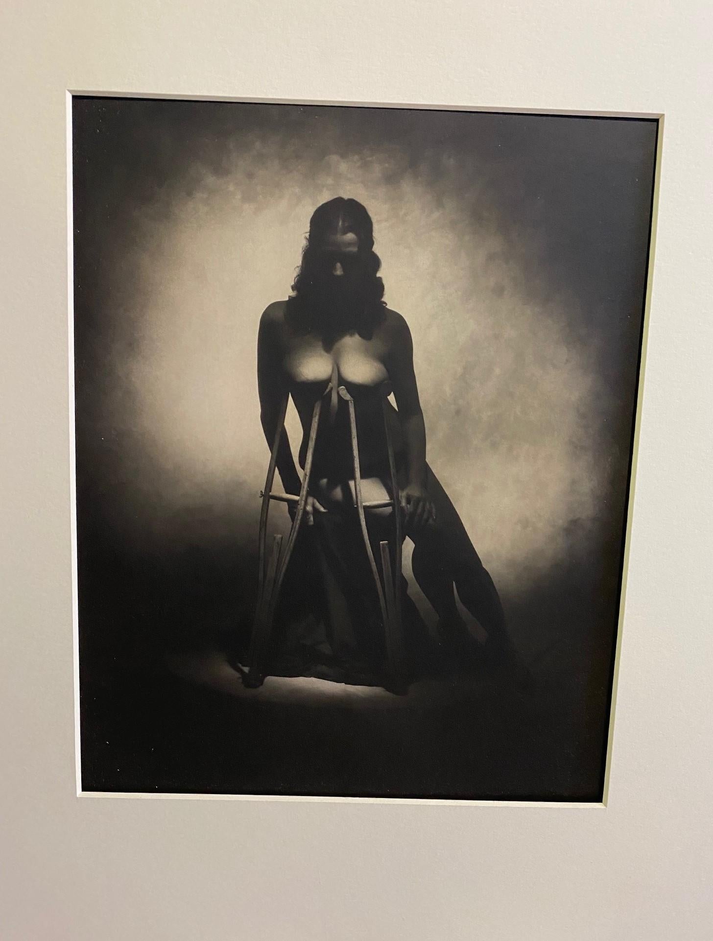 Late 20th Century Rocky Schenck Signed Toned Silver Gelatin Photograph Print Nude with Crutches For Sale