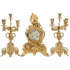 Rococo Antique French Gilt Bronze Clock Set by Samuel Marti