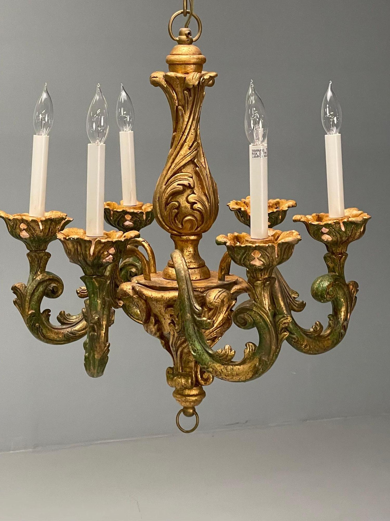 20th Century Rococo, Baroque, Italian Six Light Chandelier, Parcel Paint, Gilt, Italy, 1970s For Sale
