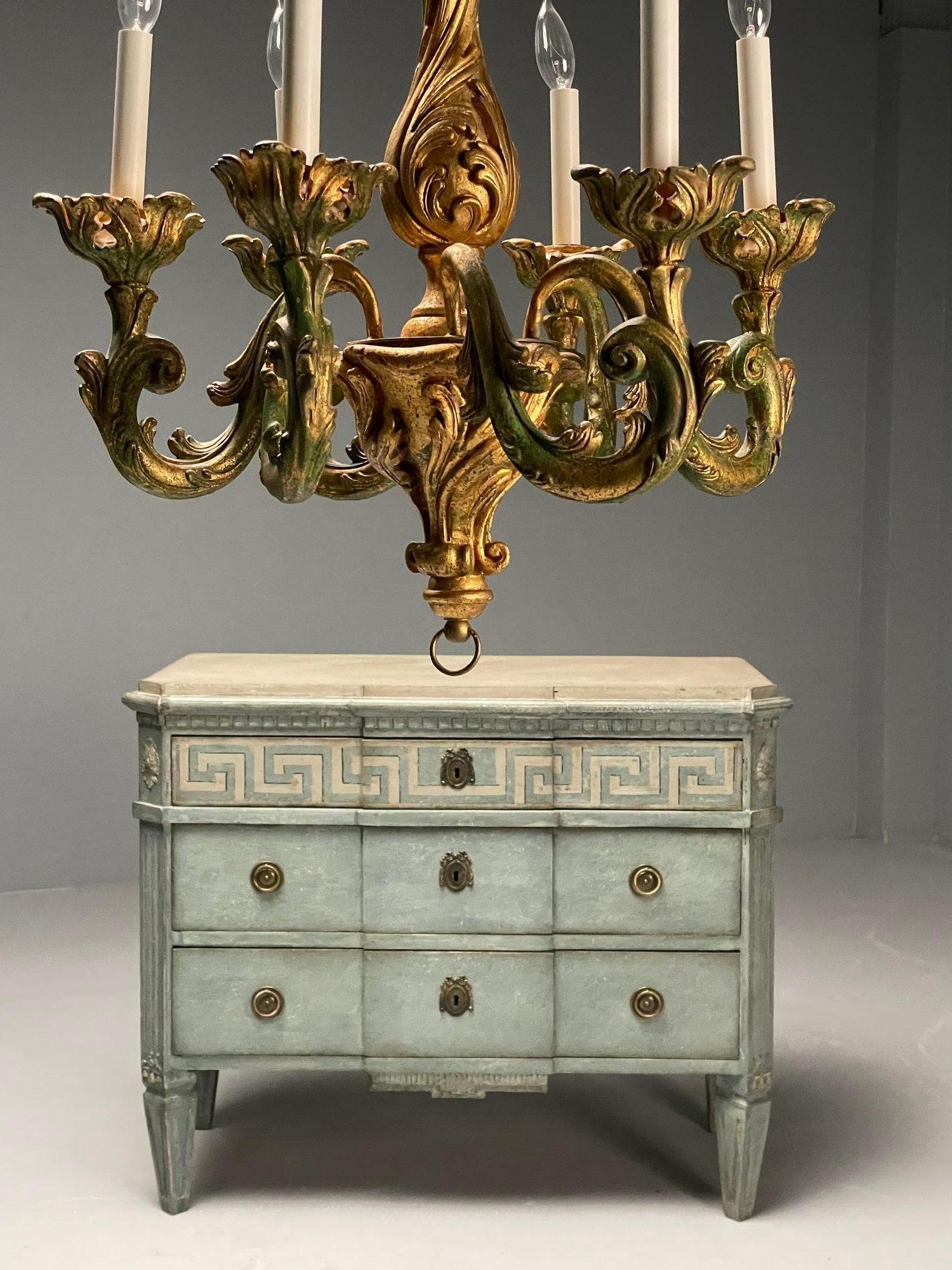 Wood Rococo, Baroque, Italian Six Light Chandelier, Parcel Paint, Gilt, Italy, 1970s For Sale