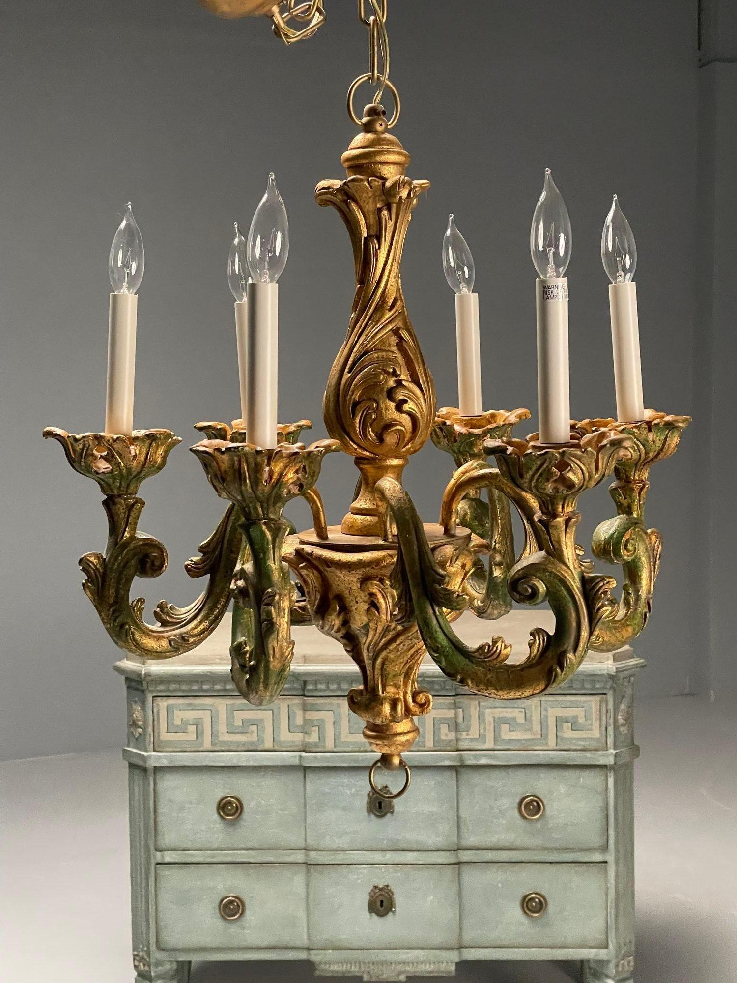 Rococo, Baroque, Italian Six Light Chandelier, Parcel Paint, Gilt, Italy, 1970s For Sale 1