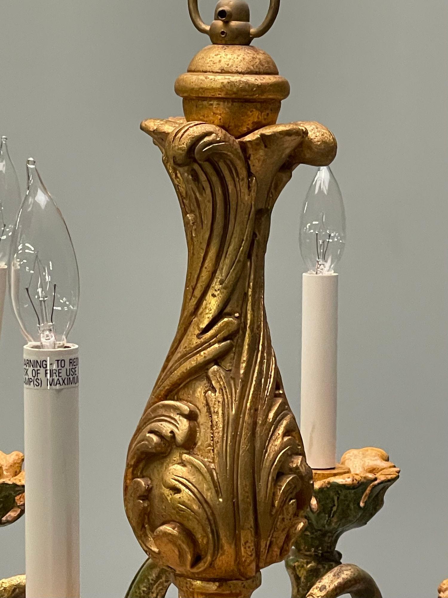 Rococo, Baroque, Italian Six Light Chandelier, Parcel Paint, Gilt, Italy, 1970s For Sale 2
