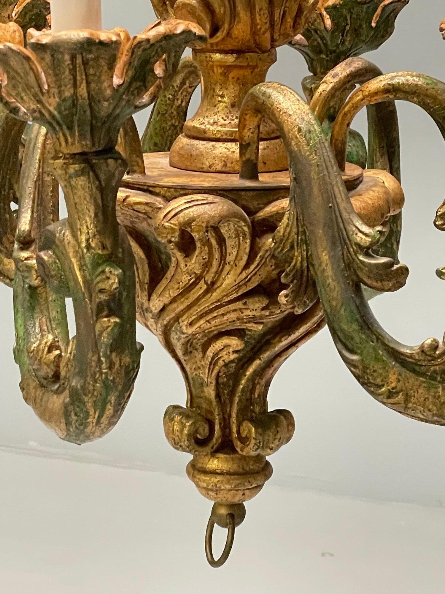 Rococo, Baroque, Italian Six Light Chandelier, Parcel Paint, Gilt, Italy, 1970s For Sale 3