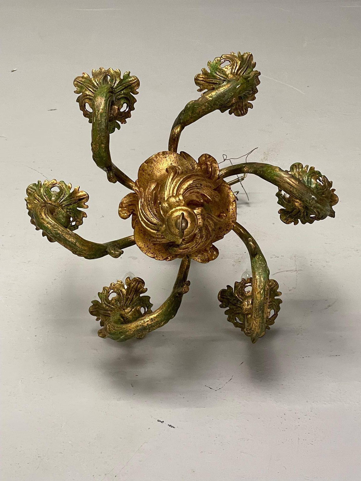 Rococo, Baroque, Italian Six Light Chandelier, Parcel Paint, Gilt, Italy, 1970s For Sale 4