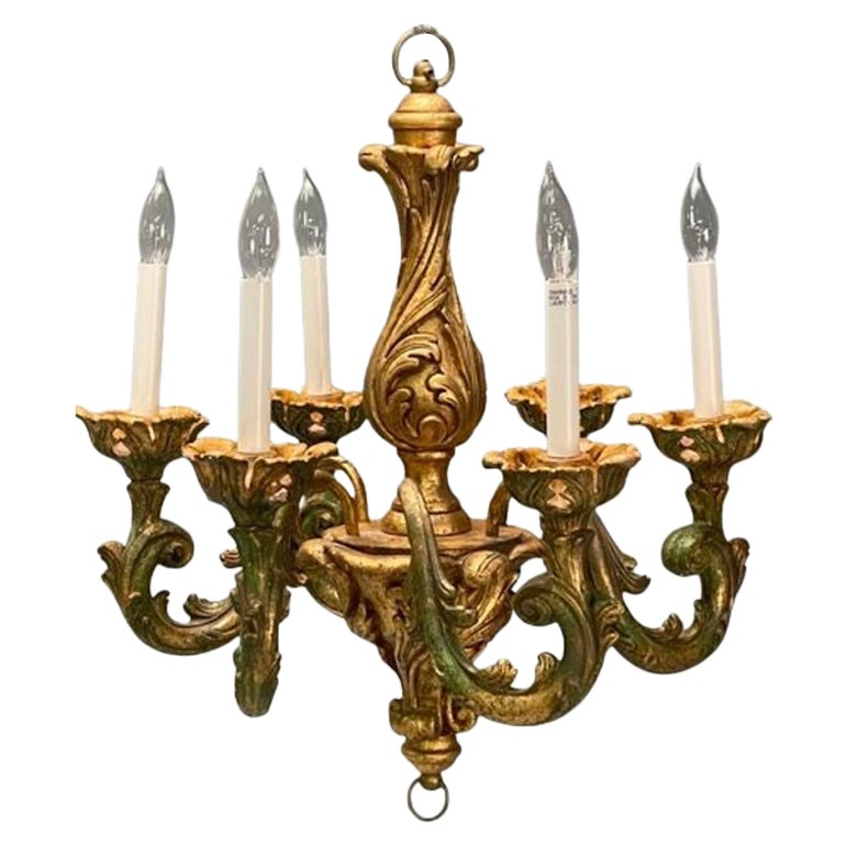 Lustre italien rococo, baroque à six lumières, peinture à la feuille, doré, Italie, années 1970